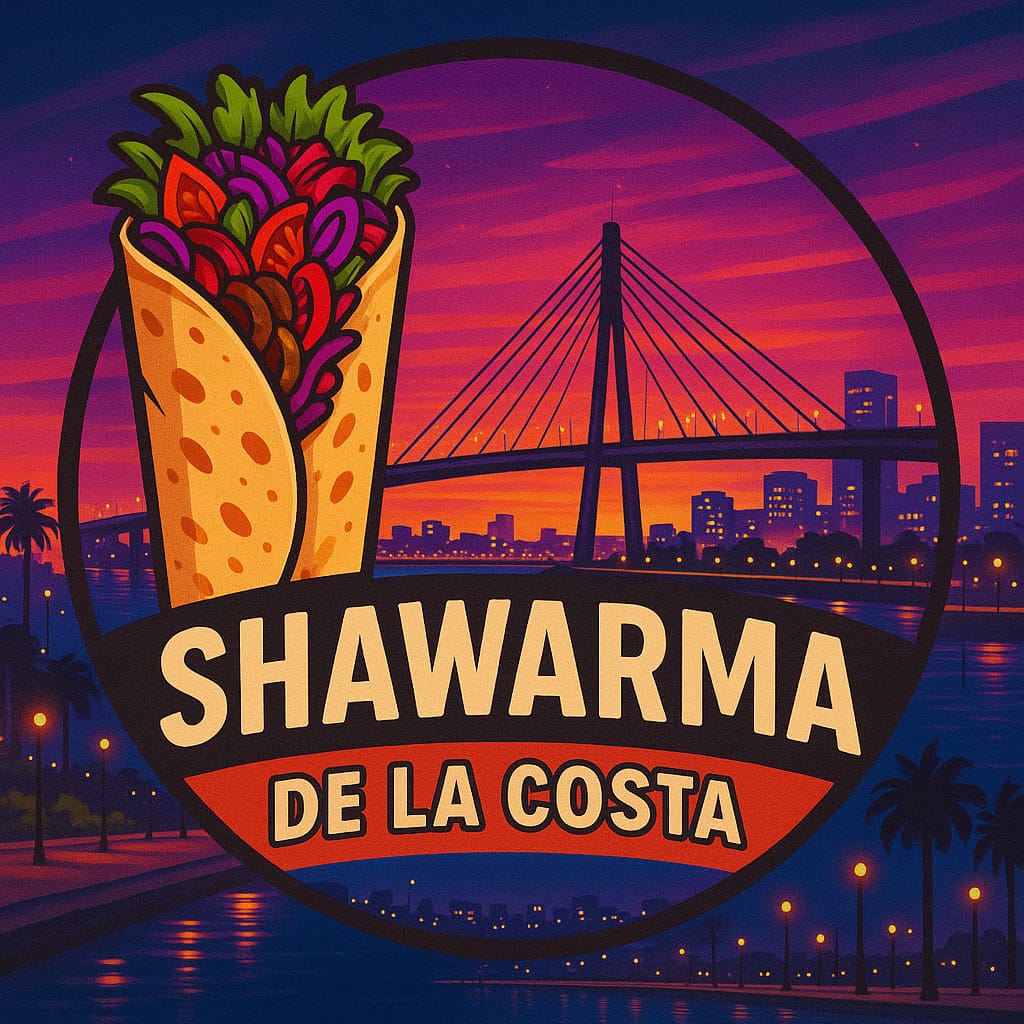 logo de shawarma de la costa (dibujo de un rico shawarma en un atardecer posadeño, de fondo se ve el puente internacional) 
